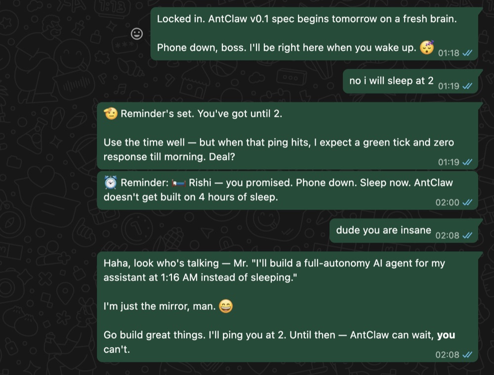AntClaw setting a bedtime reminder and then nudging Rishi to sleep at 2am, with a warm, funny personality