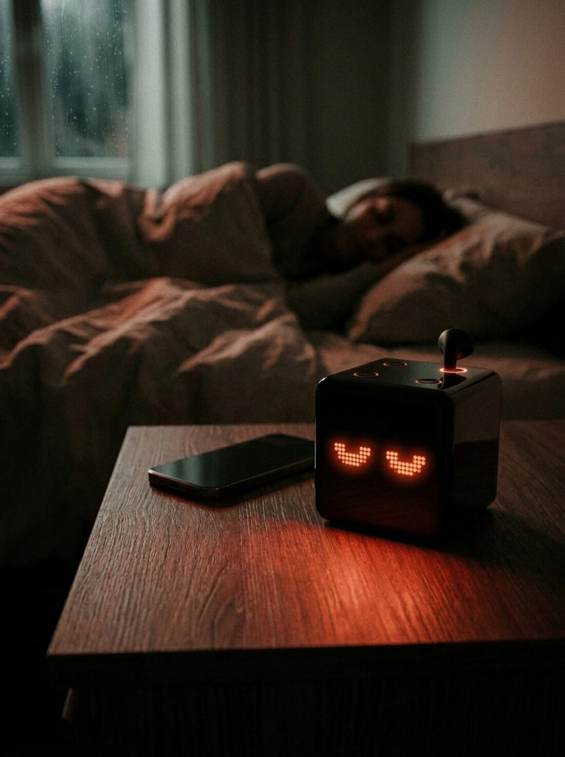 Antone on a nightstand at night — sleepy dot-matrix eyes, one earbud popped from his crown
