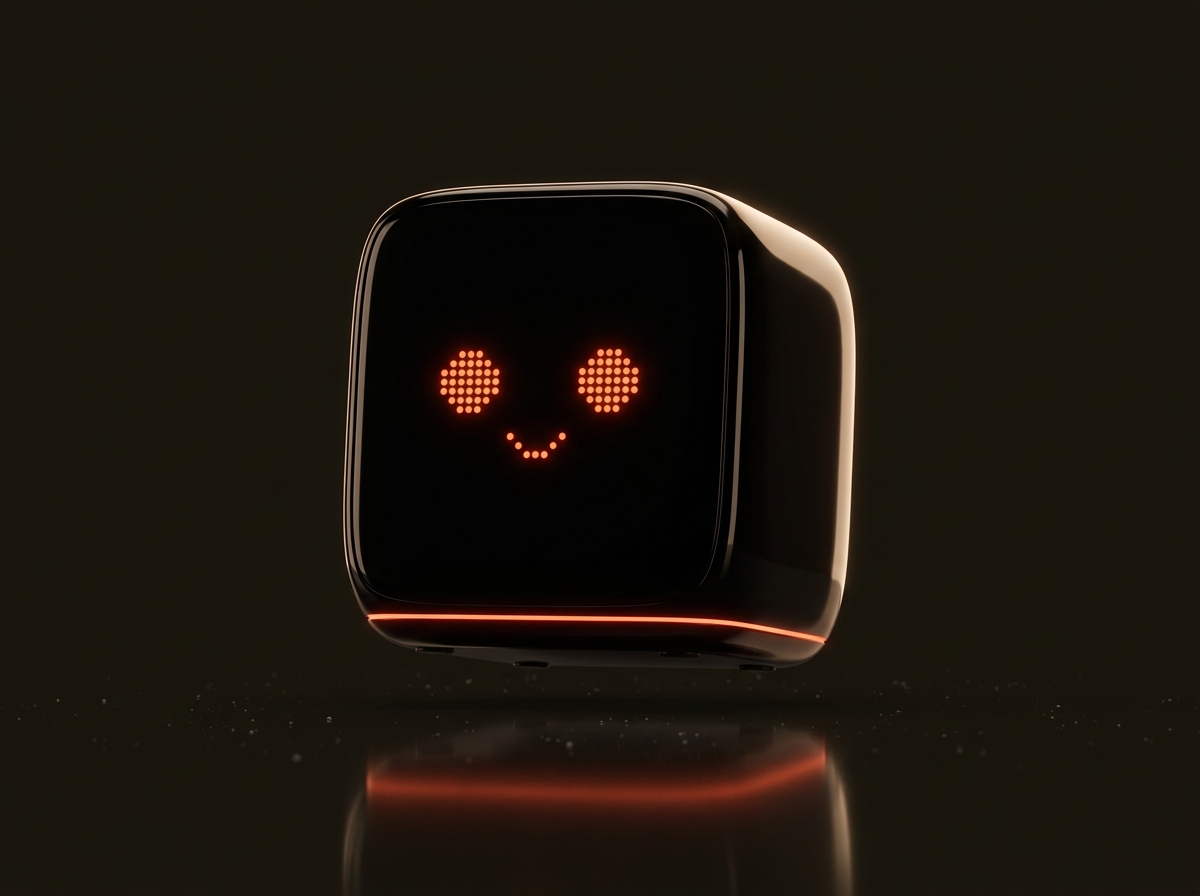 Antone device concept: a piano-black mini computer with a glowing dot-matrix face